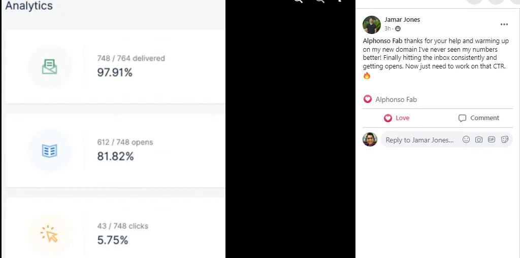 Jamar Jones — 97.91% delivery rate, 81.82% opens, finally hitting the inbox consistently